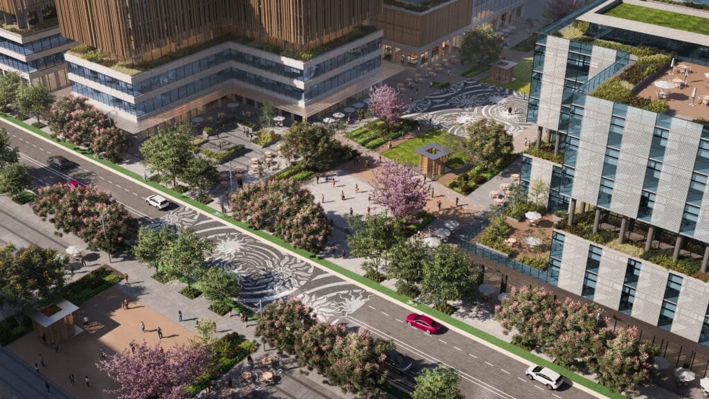 aerial view of Riverpark's linear park